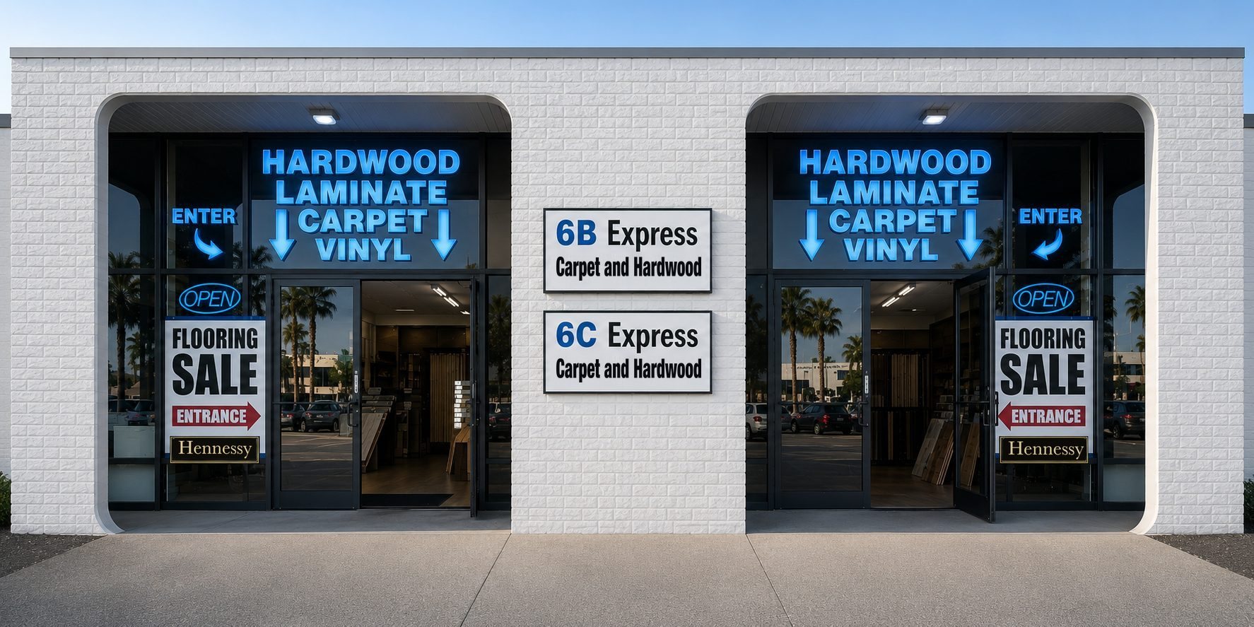 The Express Carpet and Hardwood storefront in Anaheim — suites 6B and 6C, with hardwood, laminate, carpet and vinyl signage above both entrances